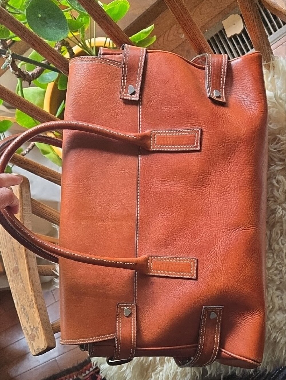 Vintage Luella Cognac Brown Leather Ring-Accent Satchel - Picture 2 of 10